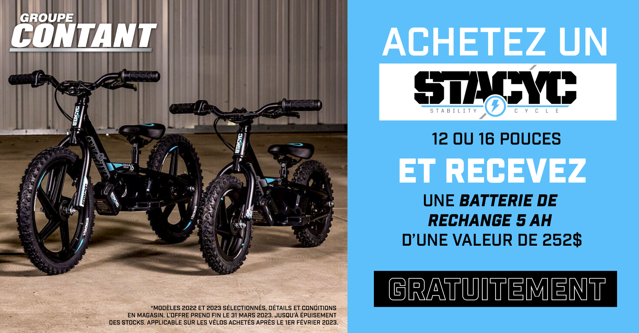 Retour de la promotion sur les batteries gratuites à l'achat de vélos STACYC 12'' et 16'' !